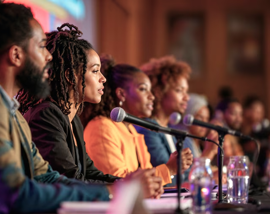 panel of speakers in front of mics at an event